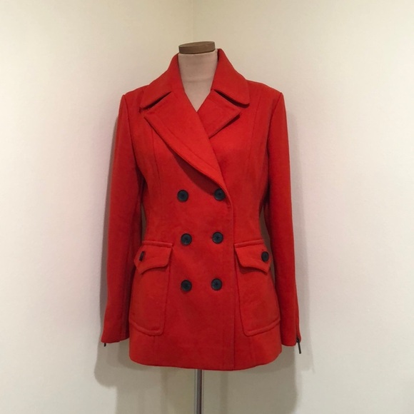 BCBGMAXAZRIA Peacoat Pea Coat Size Large Orange Red Wool Blend - Picture 2 of 13